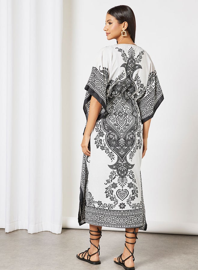 All Over Print Kaftan Dress White/Black