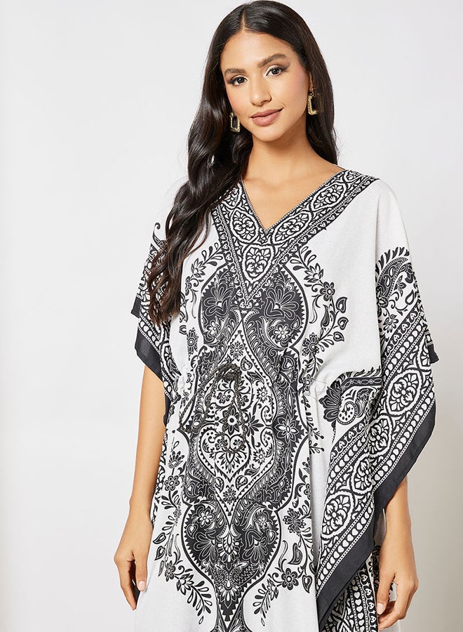 All Over Print Kaftan Dress White/Black