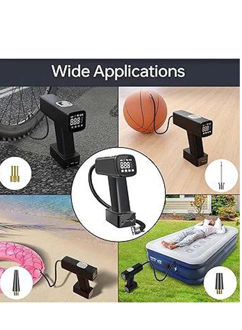 Tire inflator, portable air compressor, electric air pump with 12v dc led pressure display, led light, 150 psi, handheld cordless tire pump, bike pump.