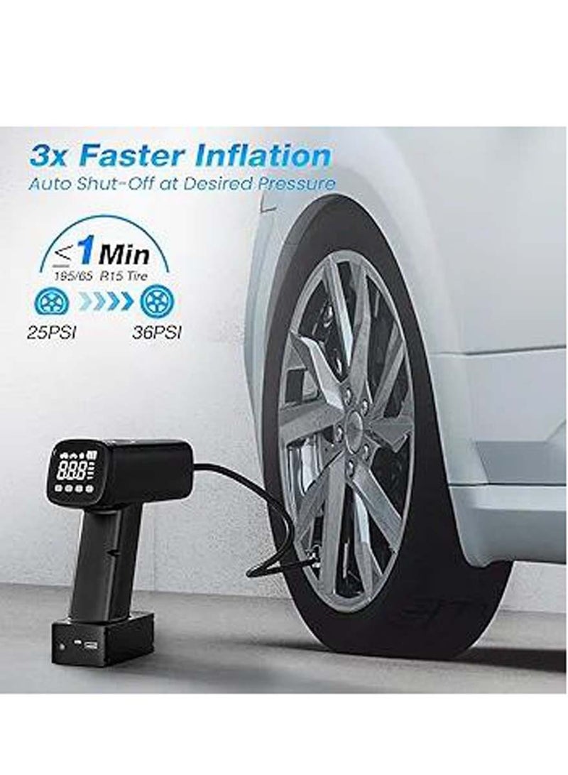 Tire inflator, portable air compressor, electric air pump with 12v dc led pressure display, led light, 150 psi, handheld cordless tire pump, bike pump.