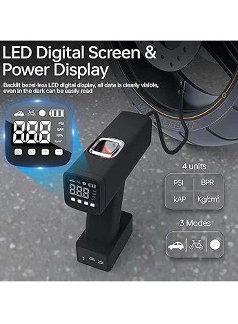 Tire inflator, portable air compressor, electric air pump with 12v dc led pressure display, led light, 150 psi, handheld cordless tire pump, bike pump.