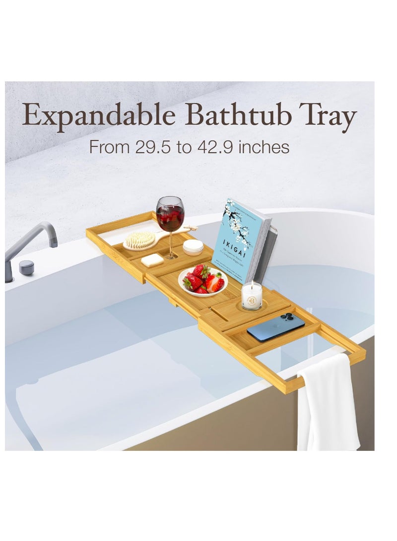 Bambüsi Foldable Bathtub Tray - Expandable Bamboo Bath Caddy with Wine, Book & Tablet Holder - Luxurious Bath Accessories, Perfect Spa Experience - Unique Gifts for Mom, Women, Couples, Housewarming