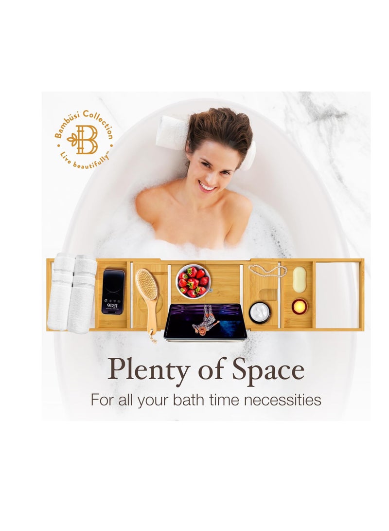 Bambüsi Foldable Bathtub Tray - Expandable Bamboo Bath Caddy with Wine, Book & Tablet Holder - Luxurious Bath Accessories, Perfect Spa Experience - Unique Gifts for Mom, Women, Couples, Housewarming