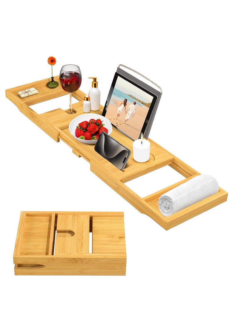 Bambüsi Foldable Bathtub Tray - Expandable Bamboo Bath Caddy with Wine, Book & Tablet Holder - Luxurious Bath Accessories, Perfect Spa Experience - Unique Gifts for Mom, Women, Couples, Housewarming