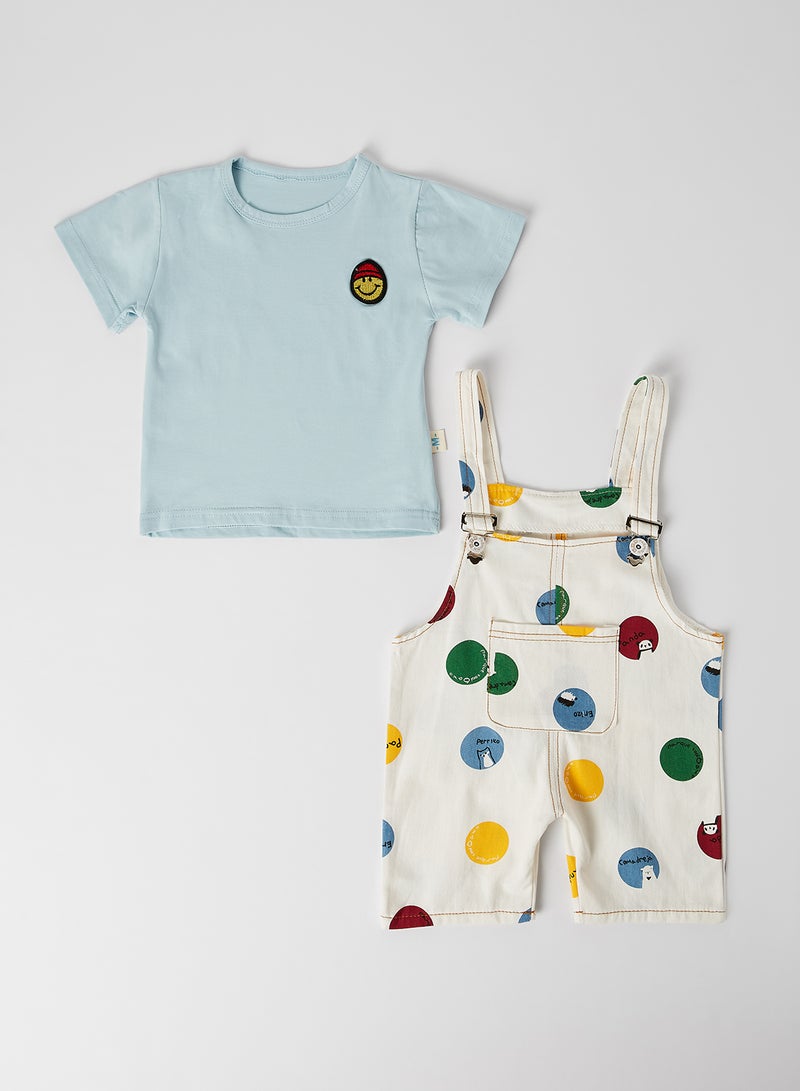 Solid Round Neck T-Shirt with Dungaree Set Sky Blue