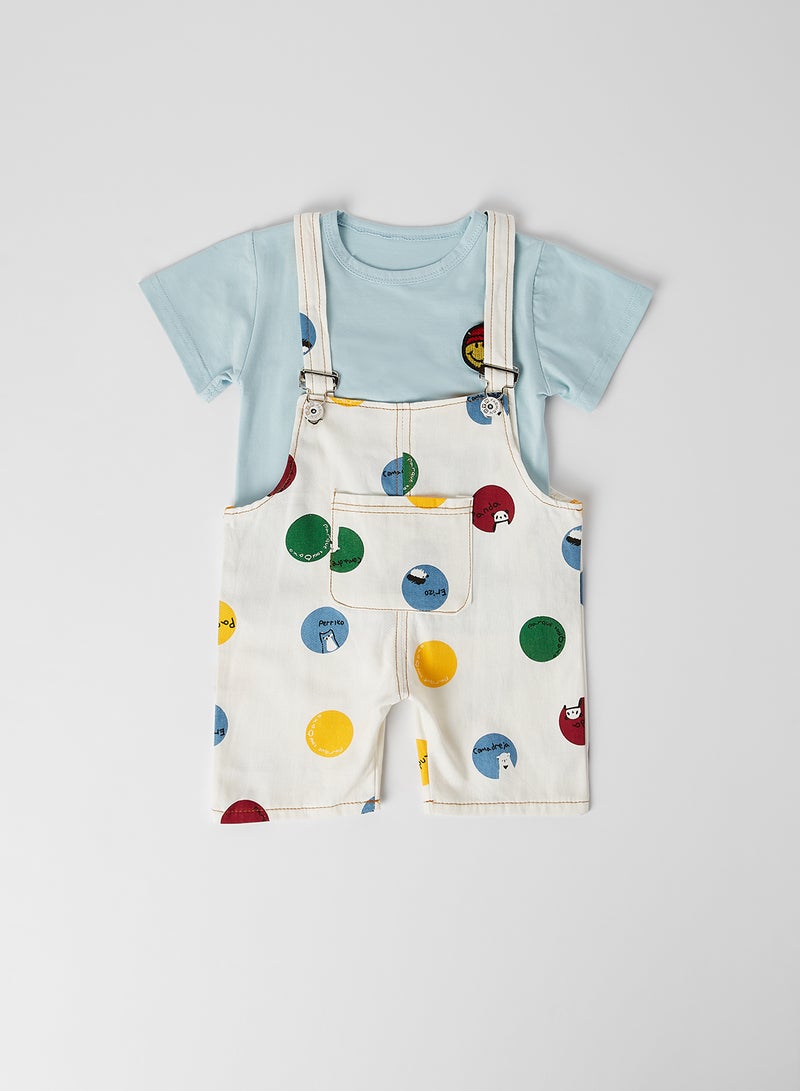 Solid Round Neck T-Shirt with Dungaree Set Sky Blue