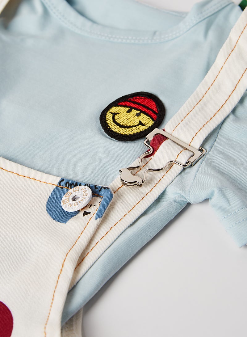 Solid Round Neck T-Shirt with Dungaree Set Sky Blue