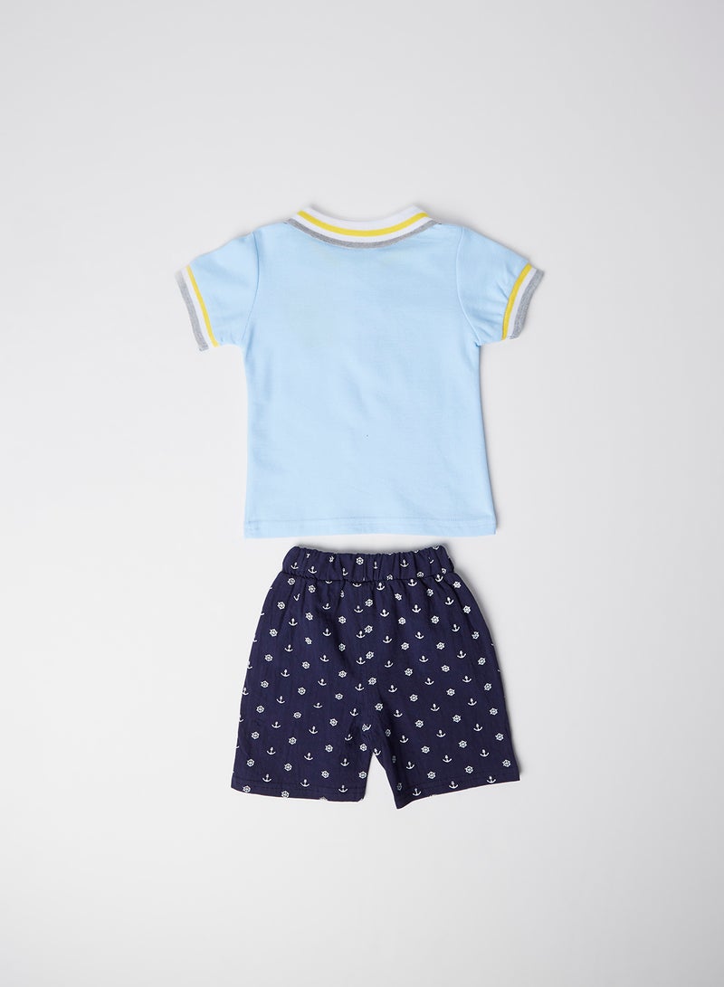 Cute Bear Polo T-Shirt with Shorts Set Sky Blue