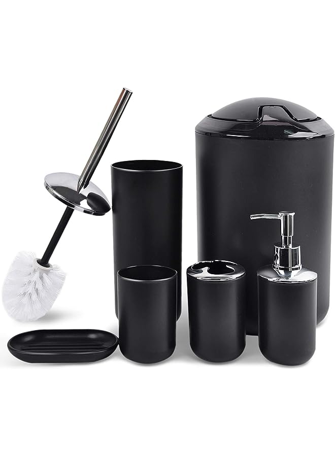 Bathroom Accessories Set 6 Piece Bath Ensemble Includes Soap Dispenser, Toothbrush Holder, Toothbrush Cup, Soap Dish for Decorative Countertop and Housewarming Gift, Black, Large