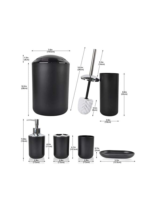 Bathroom Accessories Set 6 Piece Bath Ensemble Includes Soap Dispenser, Toothbrush Holder, Toothbrush Cup, Soap Dish for Decorative Countertop and Housewarming Gift, Black, Large