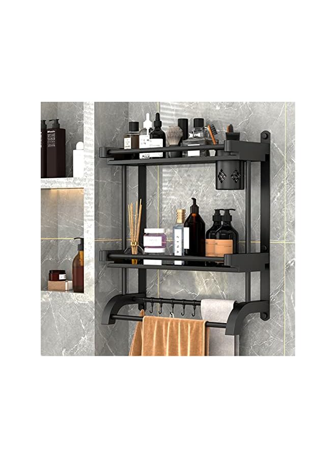 Shelf with Towel Bars, 2 Tier Bathroom Wall Shelf Shower Storage Rack with Brush Holder,Bathroom Towel Rack with Shelf,Storage Organizer Shelf for Bathroom Kitchen (2-tier with cups(60CM))