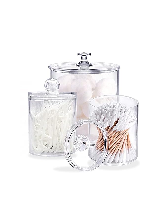 3 Pack Cotton Swab Ball Pad Holder with Lid,Clear Acrylic Bathroom Container,Makeup Organizer for Cotton Swabs,Cotton Rounds,Cotton Ball,Floss Picks,Bath Salts and Hair Ties(10 OZ,20 OZ)