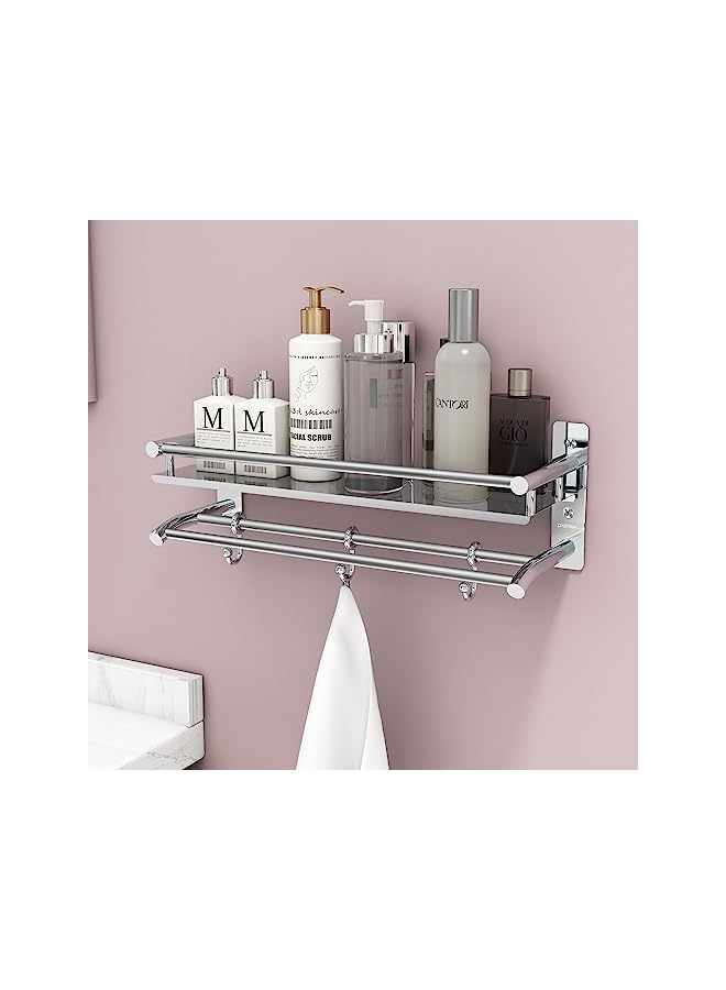 Stainless Steel Bathroom Shelf/Rack with Towel Holder/Towel Hooks/Bathroom Accessories Wall-Mount (Chrome Finish) (2-Tier)