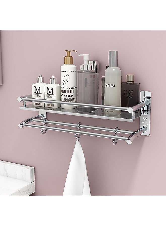 Stainless Steel Bathroom Shelf/Rack with Towel Holder/Towel Hooks/Bathroom Accessories Wall-Mount (Chrome Finish) (2-Tier)