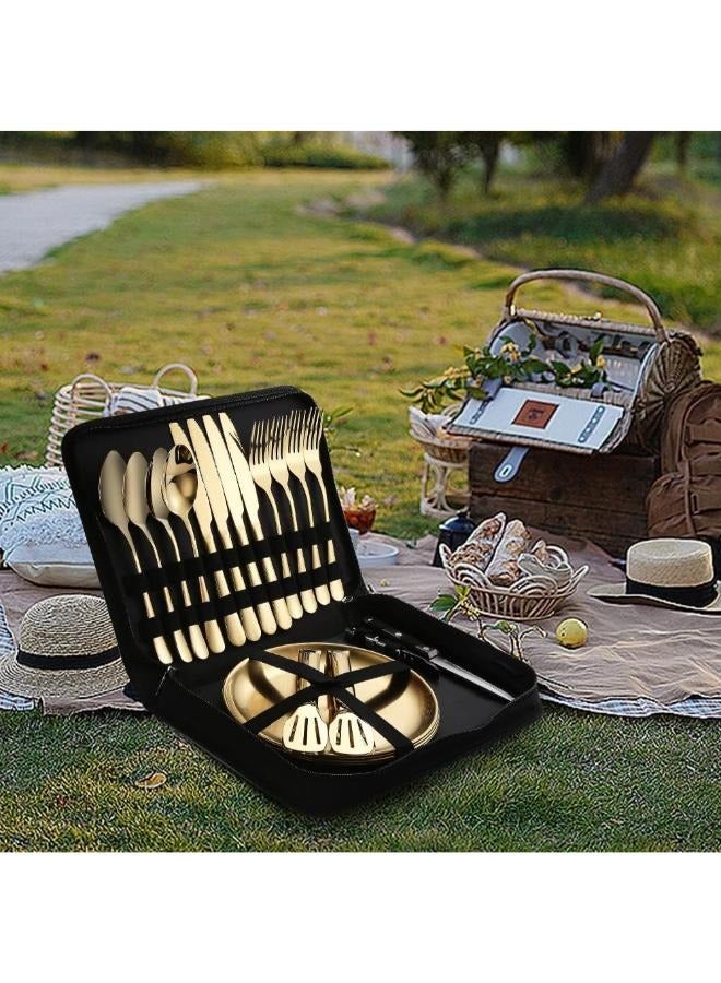 20Pcs Portable Camping Cutlery Set Portable Stainless Steel Tableware Set Dinnerware Bag Clip Spoon Fork Knife Plate for Outdoor Picnic Travel