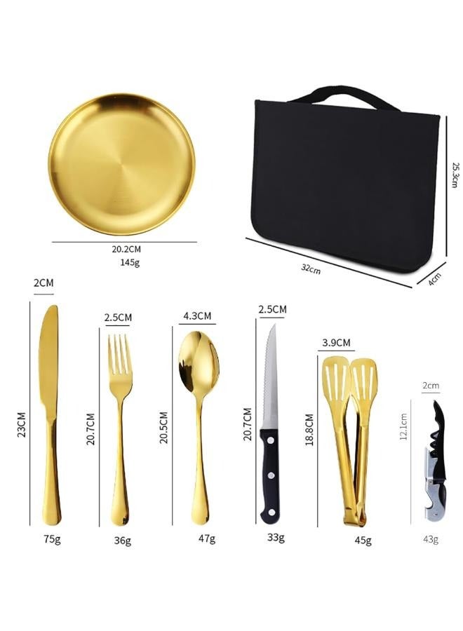 20Pcs Portable Camping Cutlery Set Portable Stainless Steel Tableware Set Dinnerware Bag Clip Spoon Fork Knife Plate for Outdoor Picnic Travel