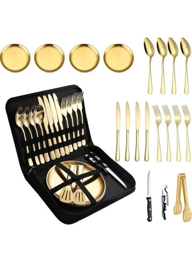 Set for 4 Portable Tableware Plates Silverware Forks Spoons knives Bottle Opener Food Tongs Complete Kit with Zipper Bag