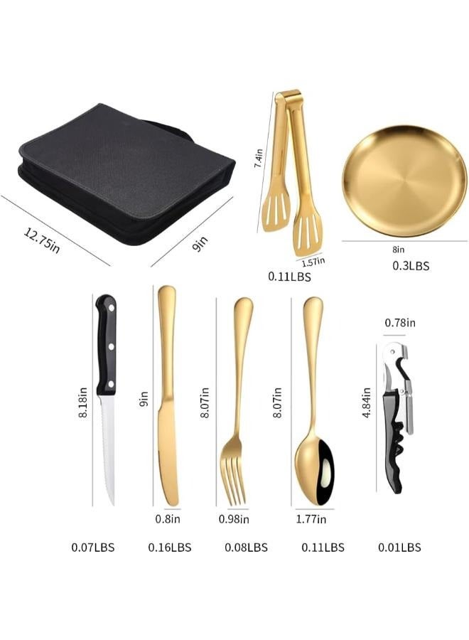 Set for 4 Portable Tableware Plates Silverware Forks Spoons knives Bottle Opener Food Tongs Complete Kit with Zipper Bag