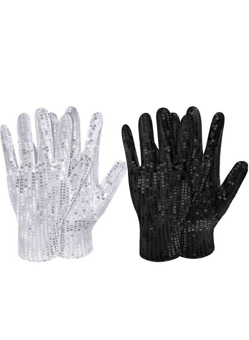 2 Pairs Sequin Gloves, Short Dance Gloves in Black and Silver Glitter for Party and Costume Accessories