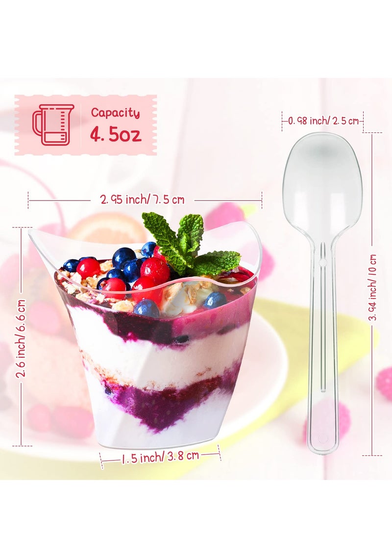 50 Pcs Plastic Dessert Cups without Lids 4.5 oz Mini Clear Dessert Cups with Spoons Disposable Trifle Mousse Dessert Cup Triangular Parfait Appetizers Tumbler Pudding Fruit Serve Cup for Party