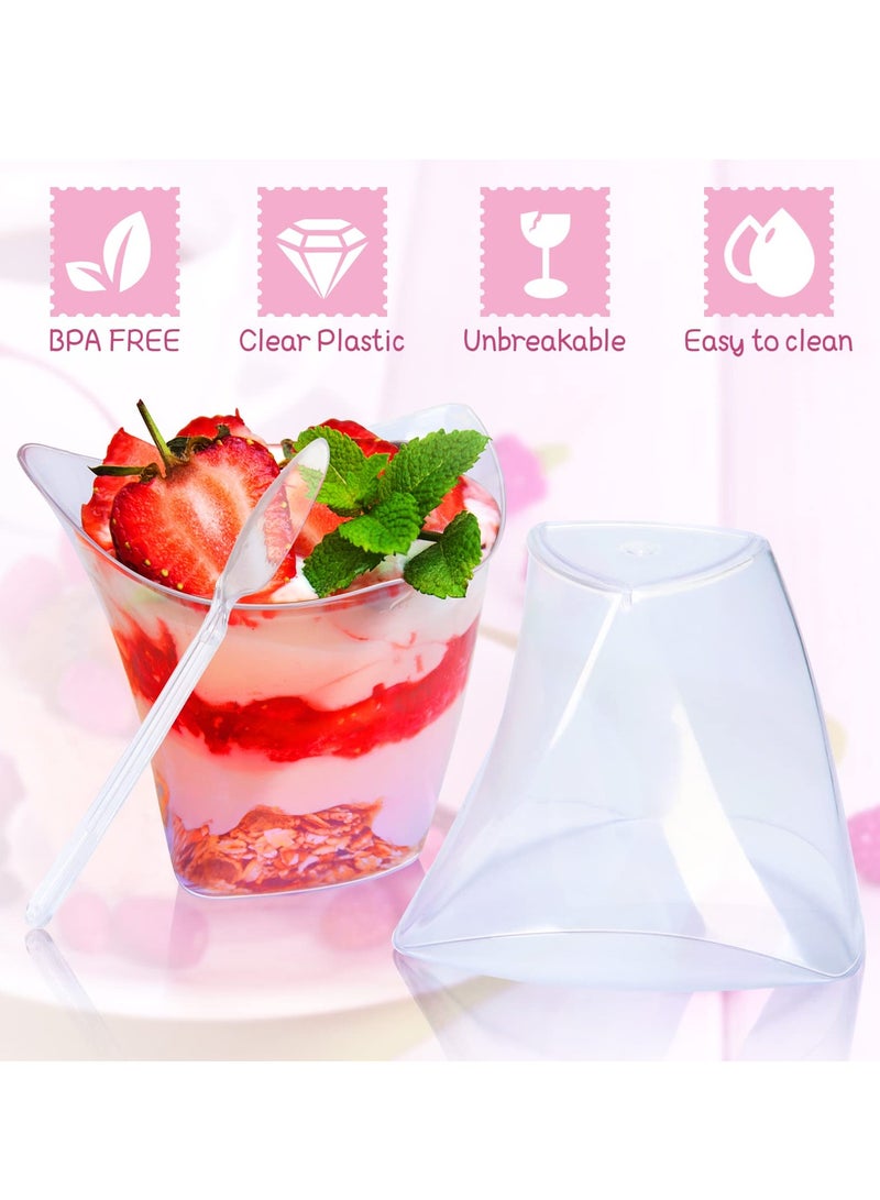 50 Pcs Plastic Dessert Cups without Lids 4.5 oz Mini Clear Dessert Cups with Spoons Disposable Trifle Mousse Dessert Cup Triangular Parfait Appetizers Tumbler Pudding Fruit Serve Cup for Party