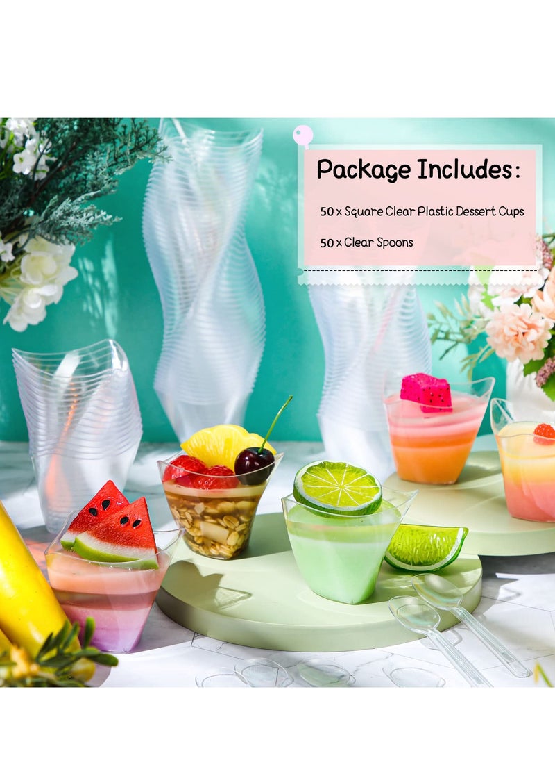 50 Pcs Plastic Dessert Cups without Lids 4.5 oz Mini Clear Dessert Cups with Spoons Disposable Trifle Mousse Dessert Cup Triangular Parfait Appetizers Tumbler Pudding Fruit Serve Cup for Party