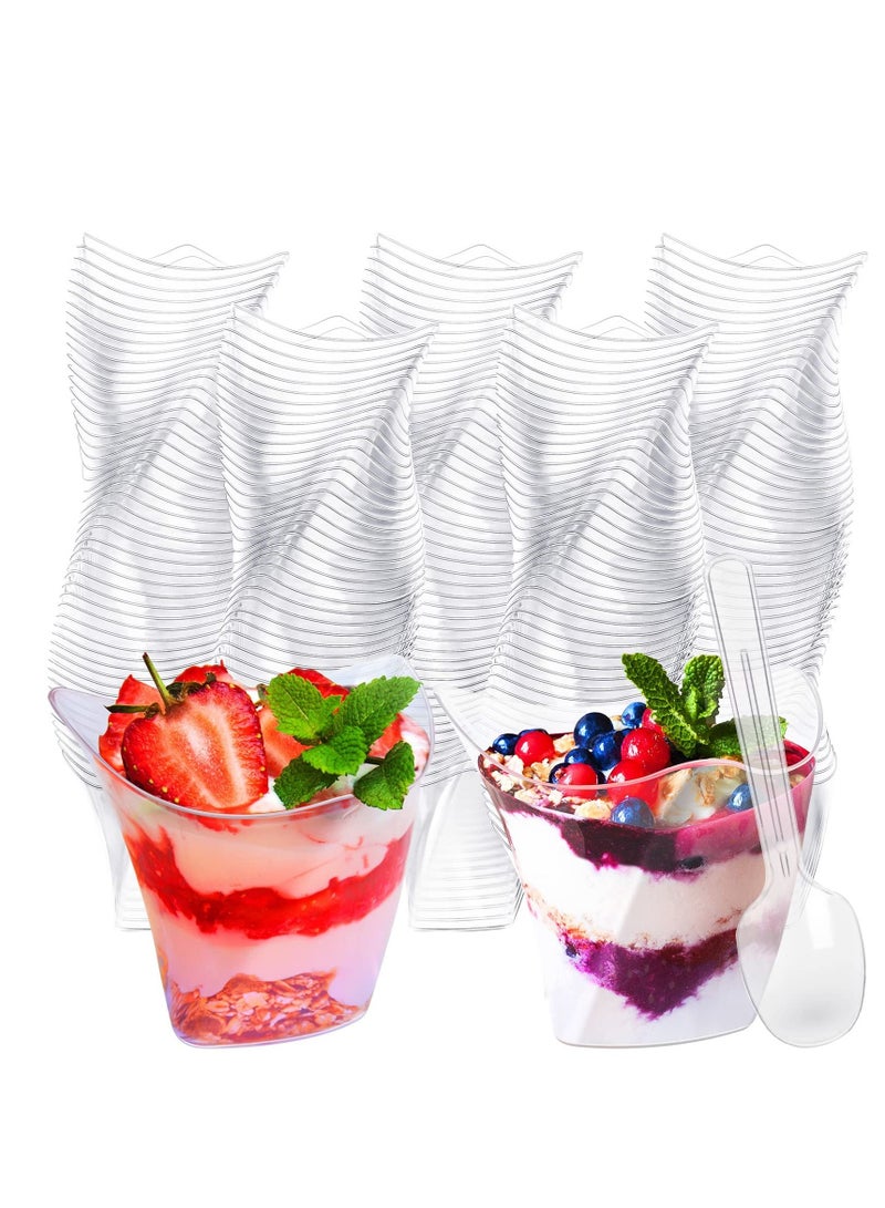 50 Pcs Plastic Dessert Cups without Lids 4.5 oz Mini Clear Dessert Cups with Spoons Disposable Trifle Mousse Dessert Cup Triangular Parfait Appetizers Tumbler Pudding Fruit Serve Cup for Party