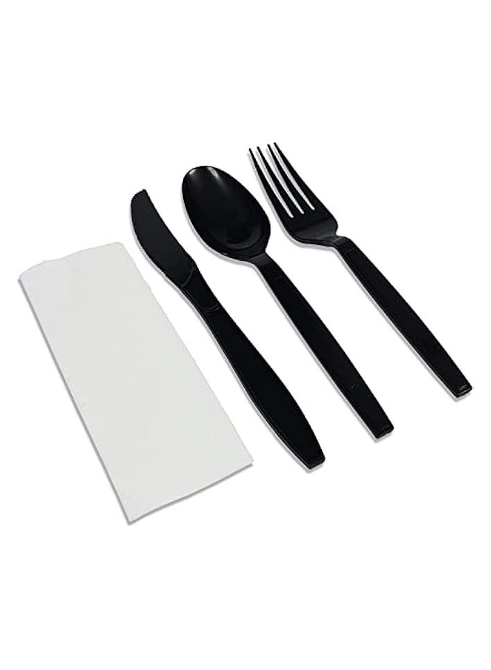 [50 Pack] Black Plastic Cutlery Set with Napkin | Disposable Utensils for Camping, Traveling, and Party Supplies | Knife, Fork, Spoon, and Napkin Set