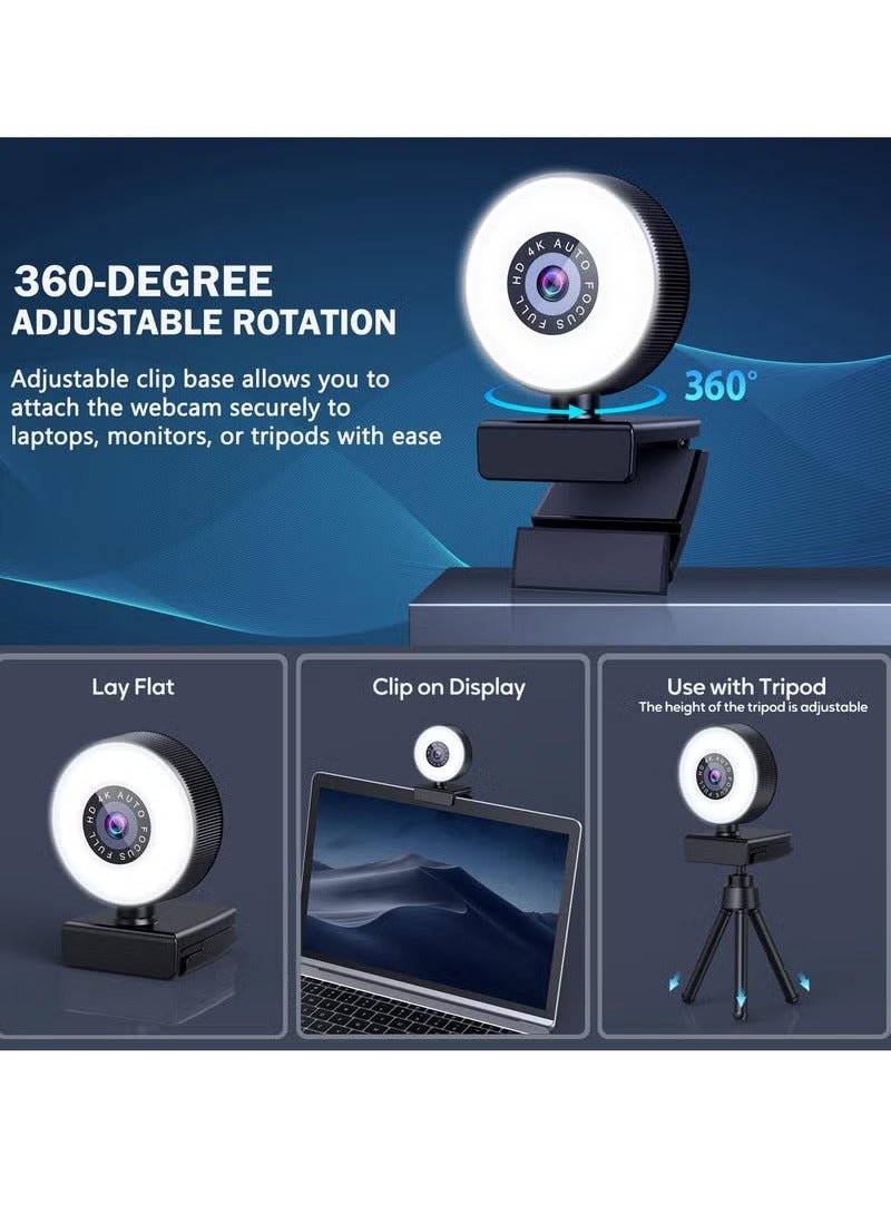 4K Webcam, HD Autofocus Webcam with Microphone, Adjustable Light Computer Camera with Privacy Cover and Tripod Stand, Plug and Play USB Webcam for Laptop Desktop Video Calling