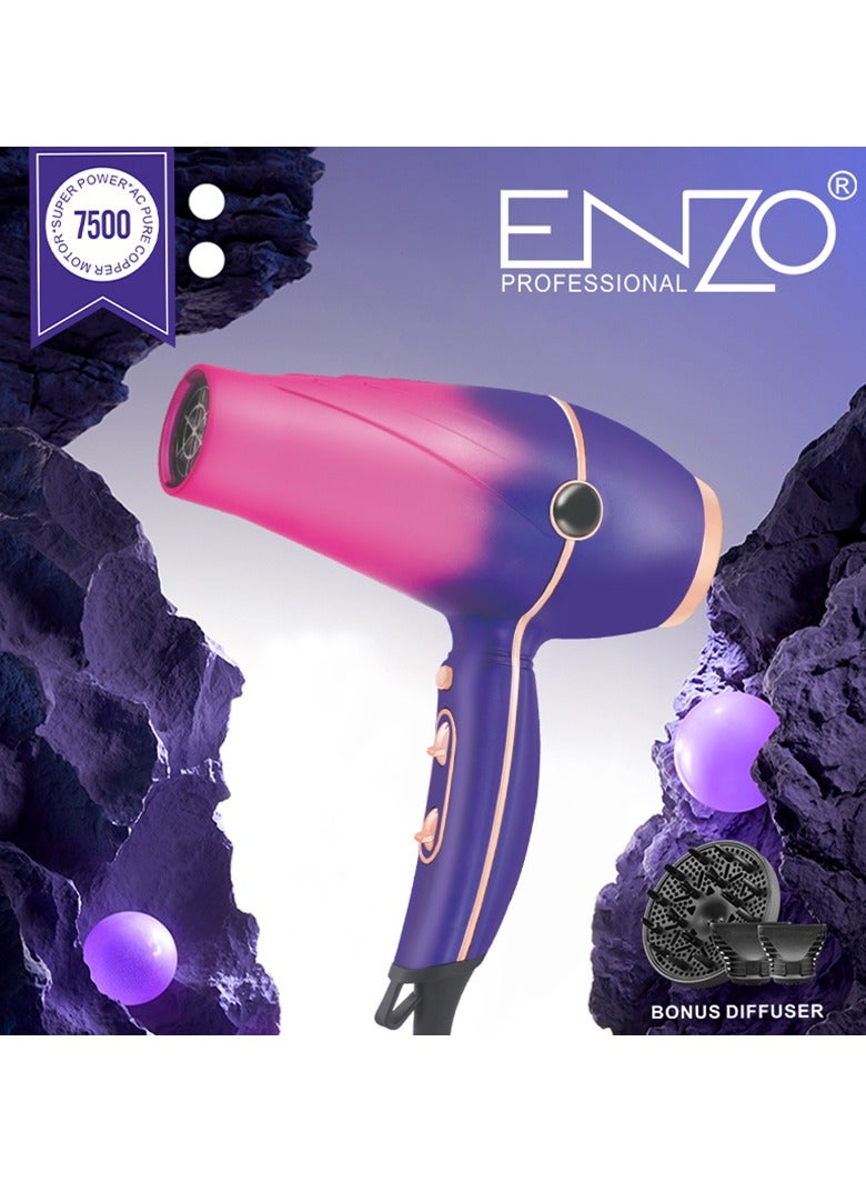 Enzo EN-8001 high-performance salon-grade hairdryer featuring a powerful 7500W 21,000 rpm