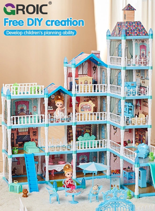 Dollhouse Doll House Toys, 5 Storeys 16 Rooms 3 Balcony, Large Dreamhouse Pretend Play Building Playset with 16 Rooms, Courtyard, Led Light & Slide, Dollhouse Asseccories and Furniture