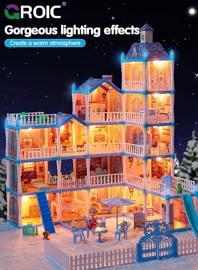 Dollhouse Doll House Toys, 5 Storeys 16 Rooms 3 Balcony, Large Dreamhouse Pretend Play Building Playset with 16 Rooms, Courtyard, Led Light & Slide, Dollhouse Asseccories and Furniture