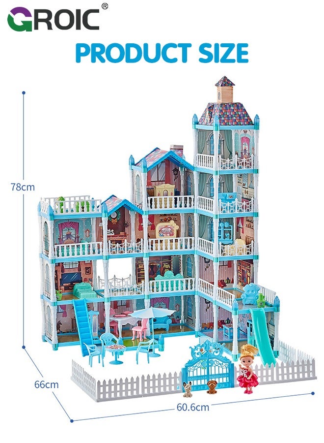 Dollhouse Doll House Toys, 5 Storeys 16 Rooms 3 Balcony, Large Dreamhouse Pretend Play Building Playset with 16 Rooms, Courtyard, Led Light & Slide, Dollhouse Asseccories and Furniture