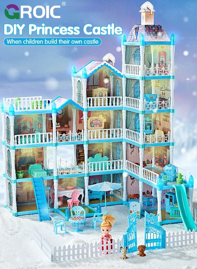 Dollhouse Doll House Toys, 5 Storeys 16 Rooms 3 Balcony, Large Dreamhouse Pretend Play Building Playset with 16 Rooms, Courtyard, Led Light & Slide, Dollhouse Asseccories and Furniture