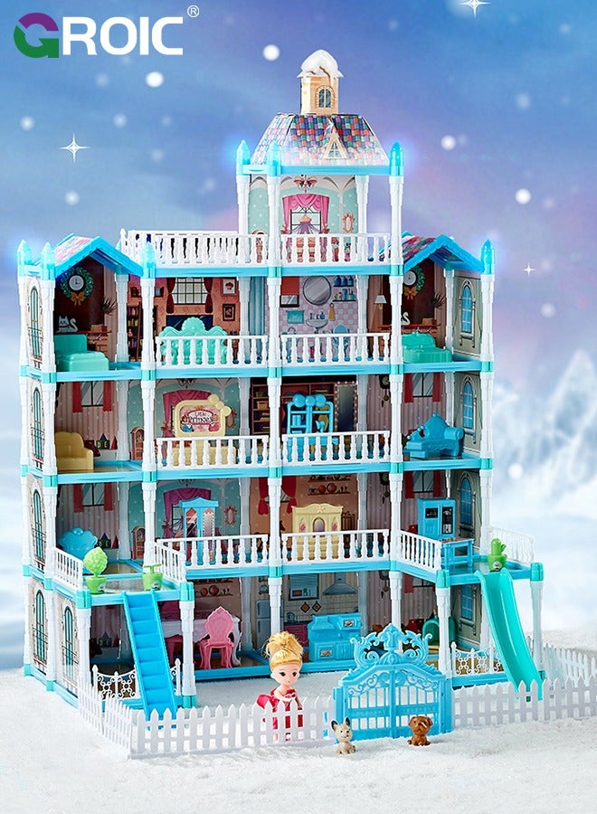 Dollhouse Doll House Toys, 5 Storeys 16 Rooms 3 Balcony, Large Dreamhouse Pretend Play Building Playset with 16 Rooms, Courtyard, Led Light & Slide, Dollhouse Asseccories and Furniture