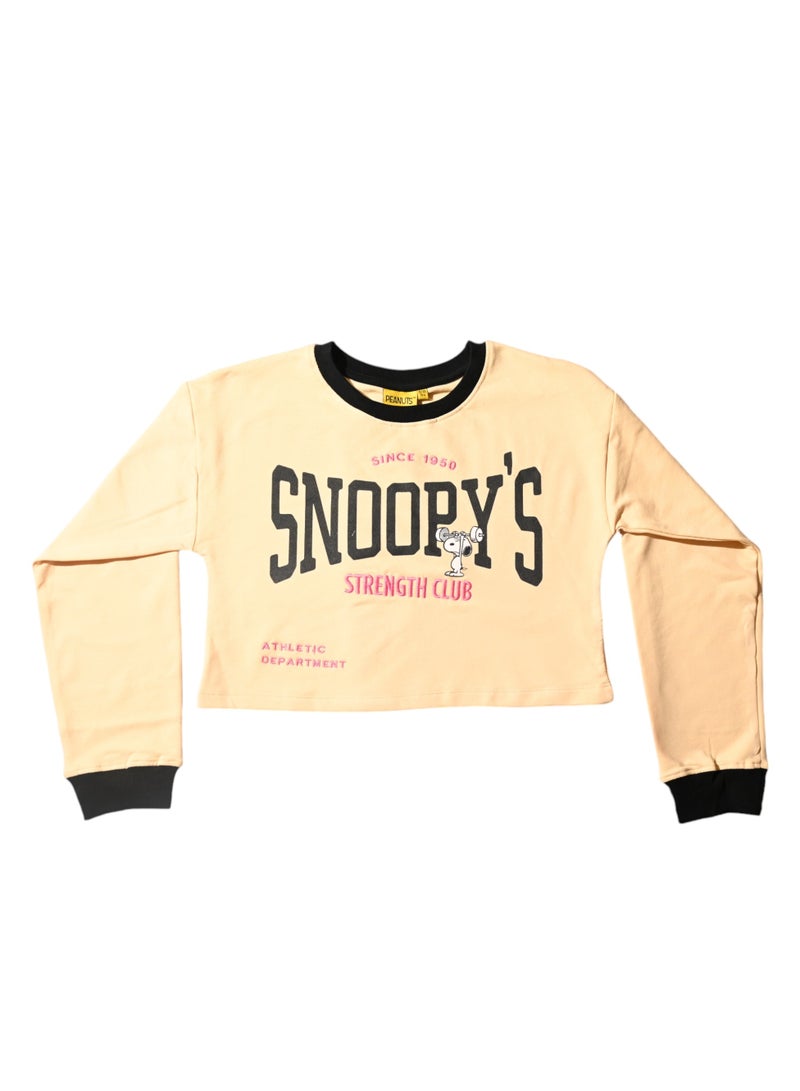 Snoopy's Strength Club Athletic Department Crop Top, Peach, Since 1950