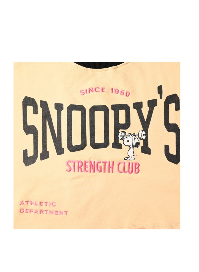 Snoopy's Strength Club Athletic Department Crop Top, Peach, Since 1950