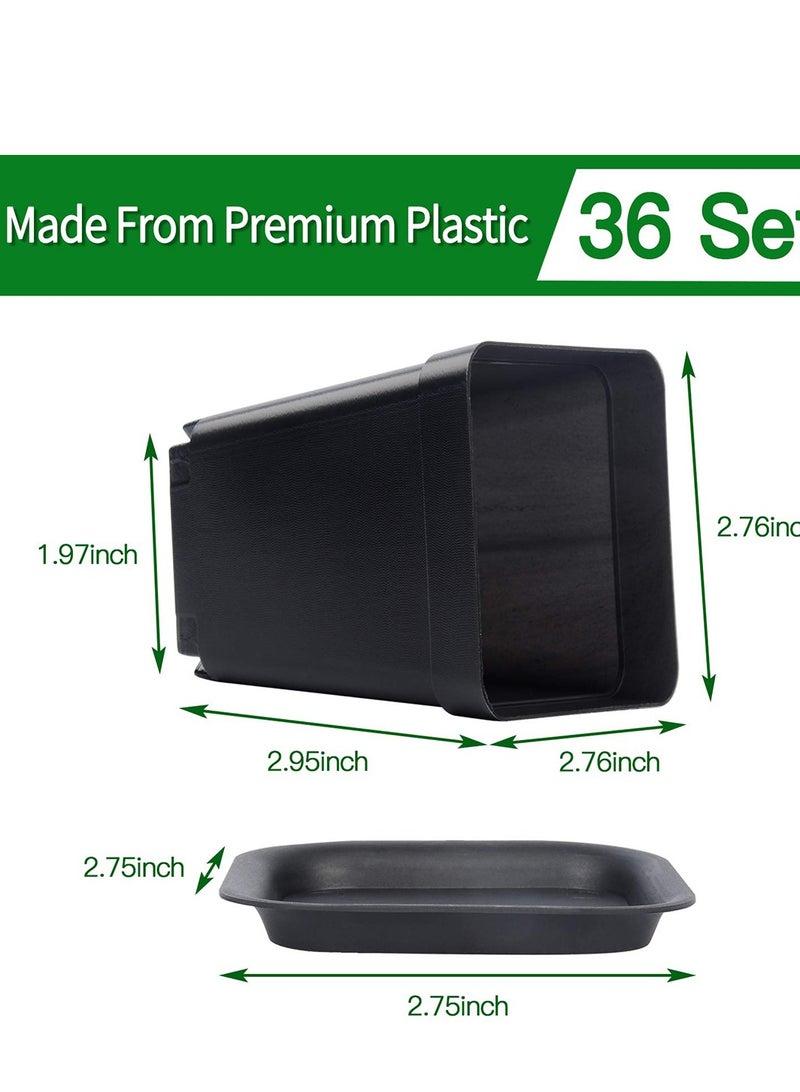 Plastic Square Nursery Pots 36Pcs 3 Inch Plant Seed Starting Pots with Drainage Hole and Saucers for Seedling, Container for Your Room, Garden Office and Balcony Decor, Black