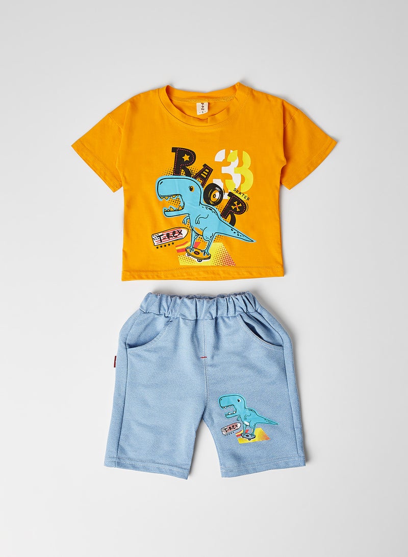 Dino Print Round Neck T-Shirt with Shorts Set Orange