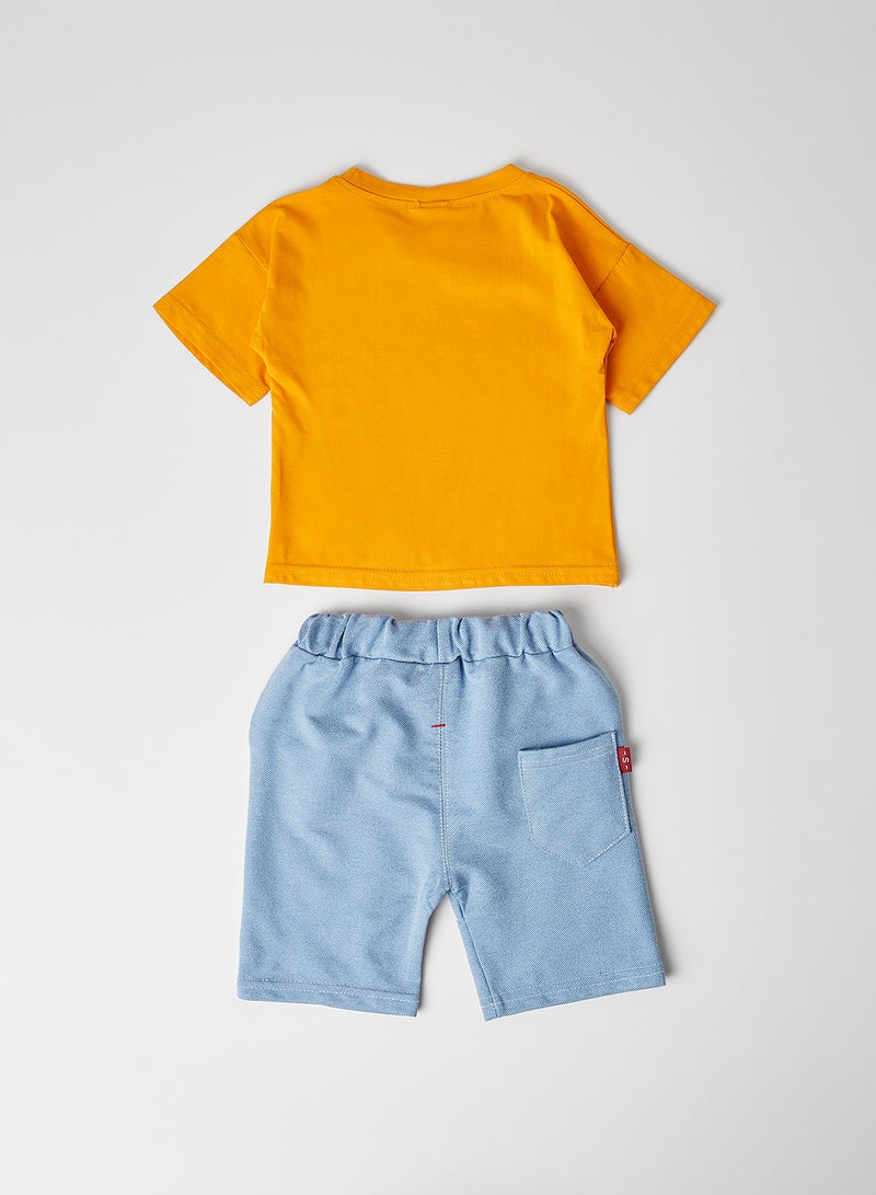 Dino Print Round Neck T-Shirt with Shorts Set Orange