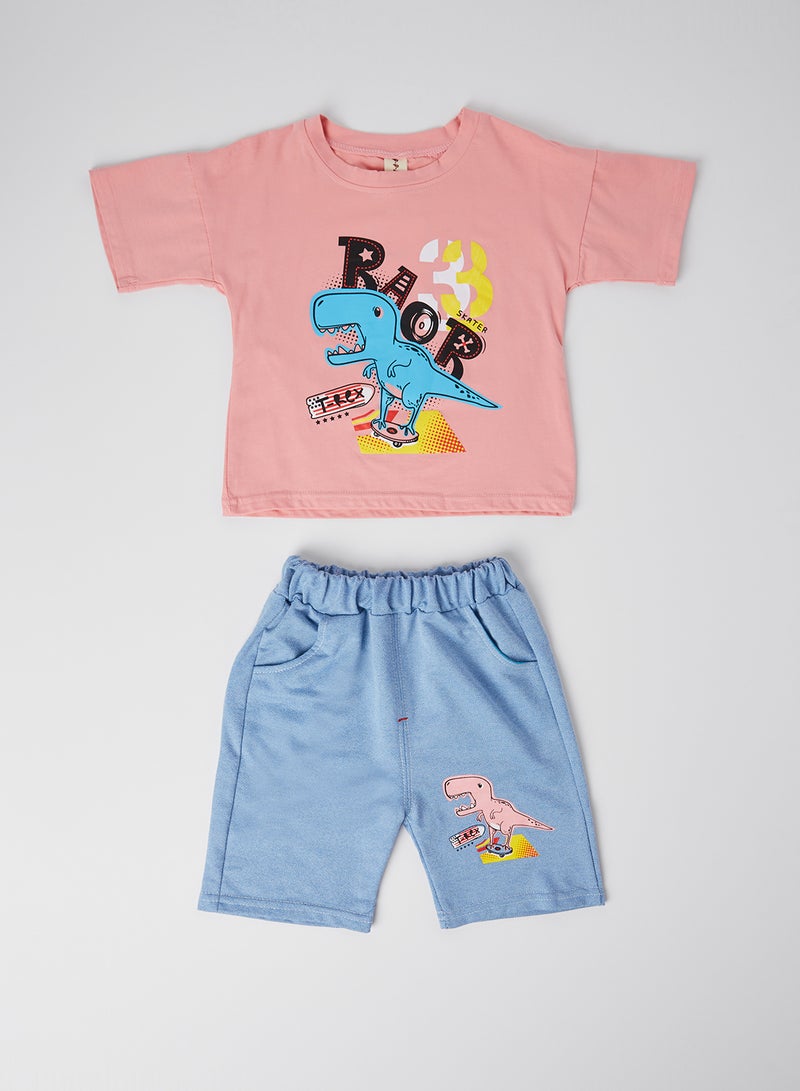 Dino Print Round Neck T-Shirt With Shorts Set Pink