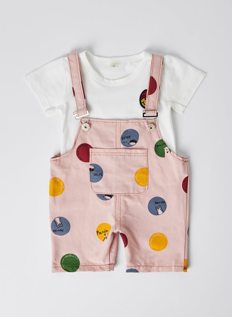 Solid Round Neck T-Shirt with Dungaree Set White