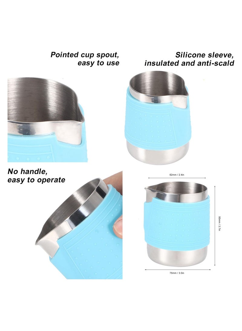 Espresso Milk Frothing Pitcher, Stainless Steel Milk Frothing Pitcher 12OZ/350ML Coffee Milk Frother Cup With Heat Resistant Silicone Grip Pads for Espresso Machine, Milk Frother, Latte Art (Blue)