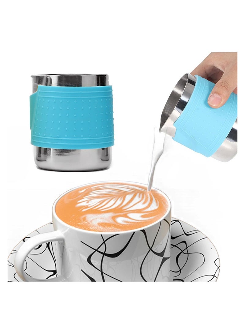 Espresso Milk Frothing Pitcher, Stainless Steel Milk Frothing Pitcher 12OZ/350ML Coffee Milk Frother Cup With Heat Resistant Silicone Grip Pads for Espresso Machine, Milk Frother, Latte Art (Blue)