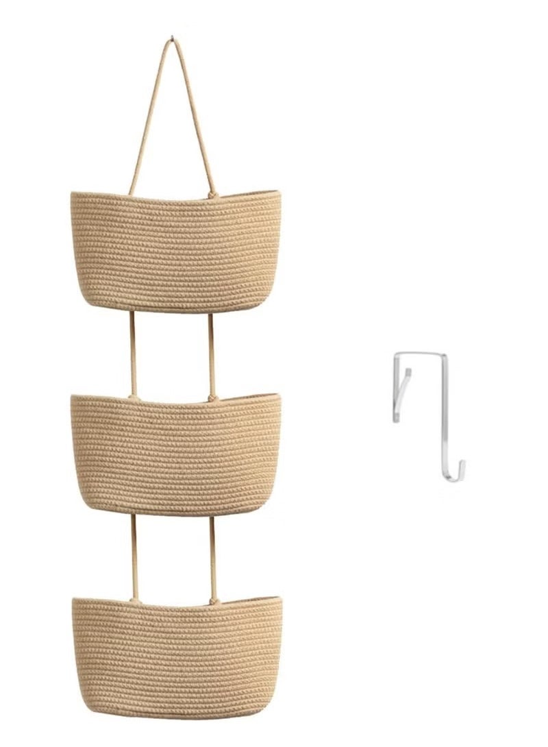 3-Tier Woven Cotton Wall-Mounted Storage Jute Organizer Bag