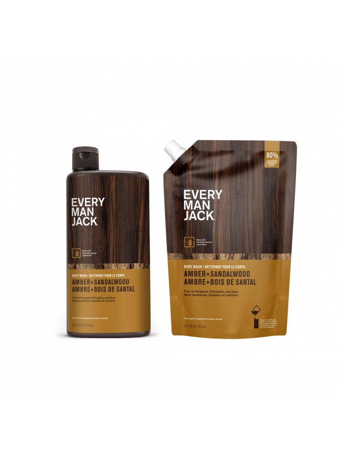 Every Man Jack Amber + Sandalwood Mens Body Wash Refill Starter Pouch - Cleanse and Hydrate Skin with Naturally Derived Ingredients - Paraben Free and Dye Free - (1-36oz pouch, 1-24oz bottle)