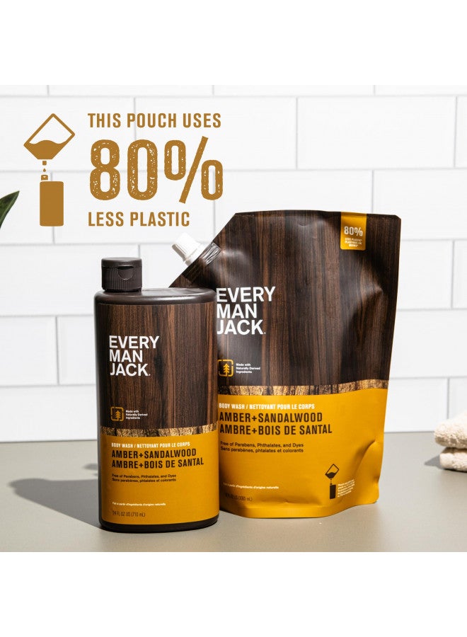 Every Man Jack Amber + Sandalwood Mens Body Wash Refill Starter Pouch - Cleanse and Hydrate Skin with Naturally Derived Ingredients - Paraben Free and Dye Free - (1-36oz pouch, 1-24oz bottle)