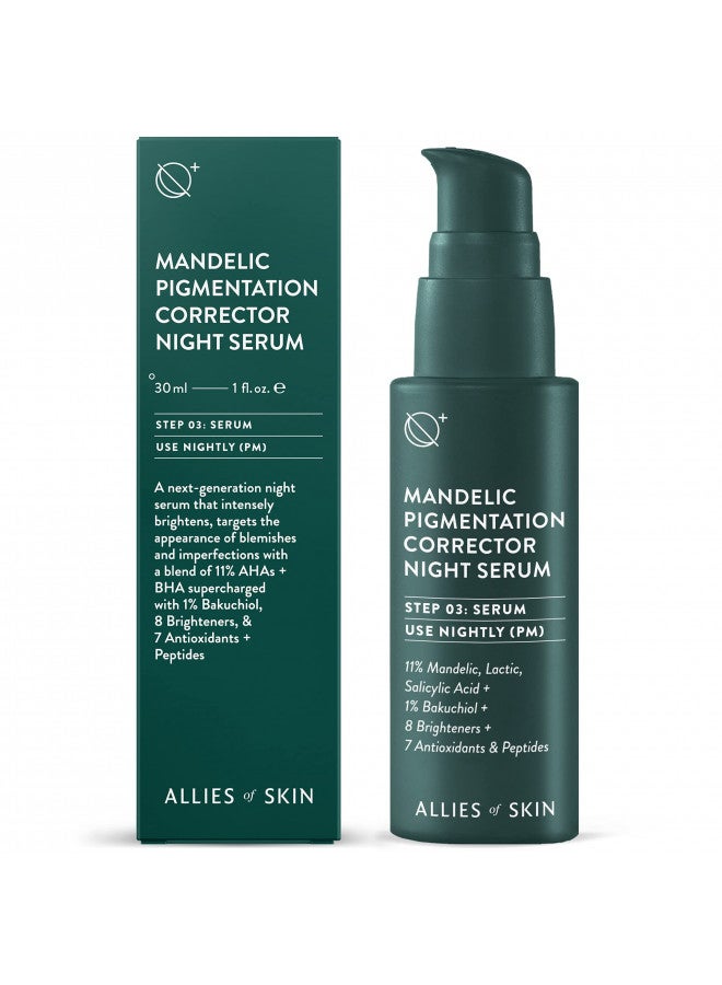 Allies of Skin Mandelic Pigmentation Corrector Night Serum: Mandelic, Lactic & Salicylic Acid, Hyaluronic Acid, Niacinamide, Bakuchiol, Rosehip & Tamanu Oils. Exfoliate & Target Uneven Skin Tone 1oz / 30ml