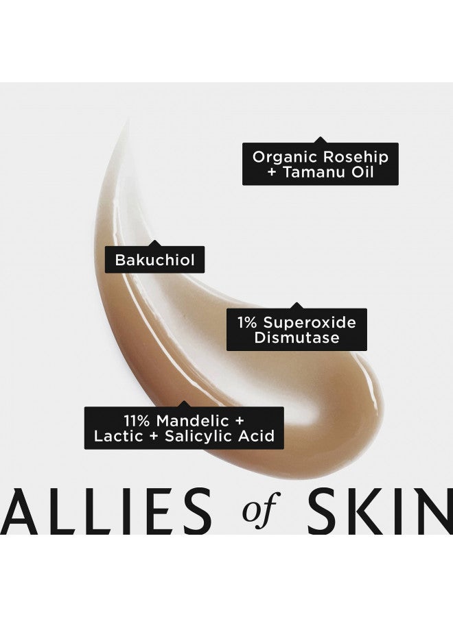 Allies of Skin Mandelic Pigmentation Corrector Night Serum: Mandelic, Lactic & Salicylic Acid, Hyaluronic Acid, Niacinamide, Bakuchiol, Rosehip & Tamanu Oils. Exfoliate & Target Uneven Skin Tone 1oz / 30ml