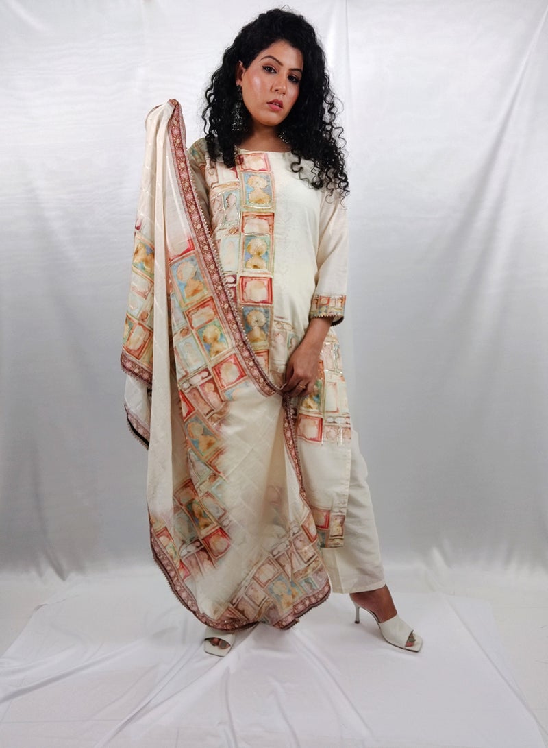 PRIYA'S PANACHE Muslin Fabric White Digital Print Kurta Pant Dupatta Set - Designer Festival Traditional Ethnic Indian Partywear For Women